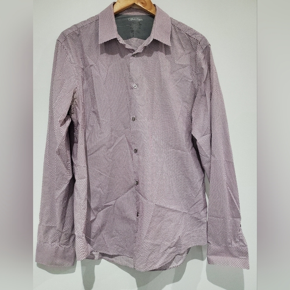 Mens Calvin Klein large 16-16 1/2 purple black white dress shirt